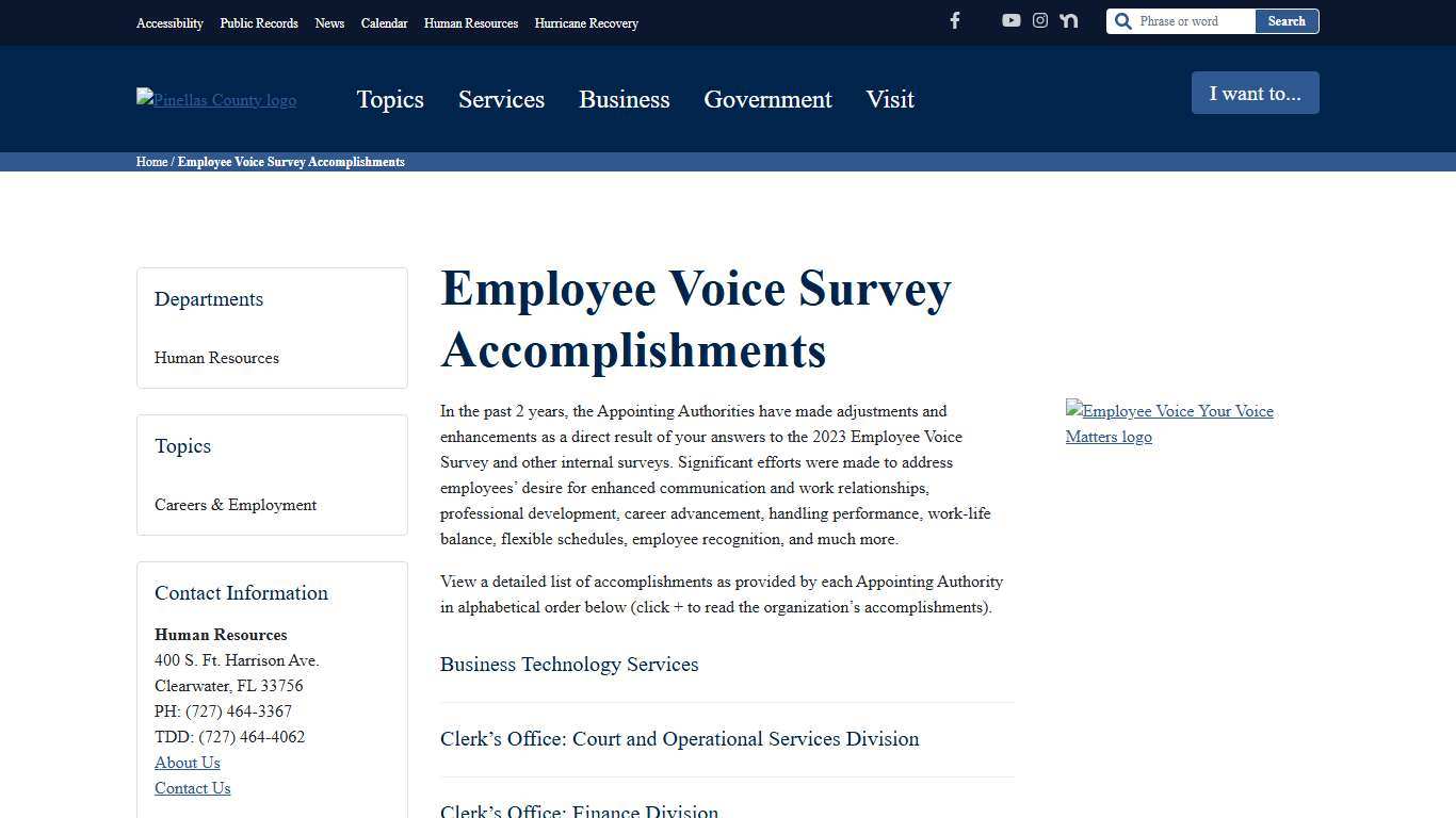Employee Voice Survey Accomplishments - Pinellas County